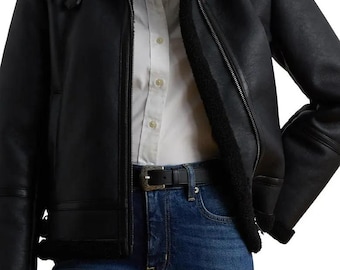 Women's Shearling Genuine Sheepskin Bomber Aviator Leather Jacket Flying Winter Coat with Fur Lining Handmade Warm Outerwear Gift for Her