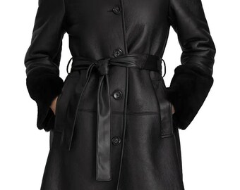 Women's Shearling Bomber Aviator Leather Jacket Genuine Lambskin Flying Winter Long Coat Fur Lining Handmade Warm Outerwear Gift for Her