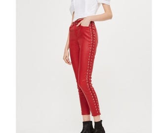 Red Real Leather Lace Side Pants Women Mid Waist Ankle Length Trousers Slim Fit Street Style Bold Casual Outfit
