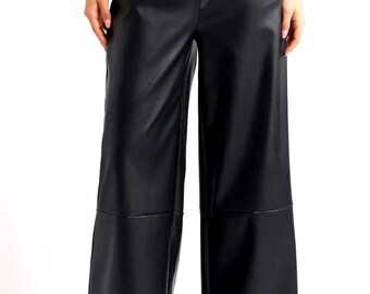 Schwarze Echtleder Hose mit weitem Bein Frauen, Kordelzug Vegan Lederhose mit hoher Taille, übergroßes Streetwear Chic Outfit