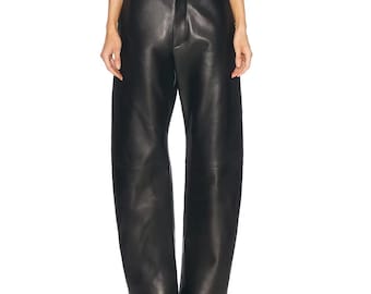 Women’s Black Genuine Leather Wide Leg Pants High Waisted Straight Fit Real