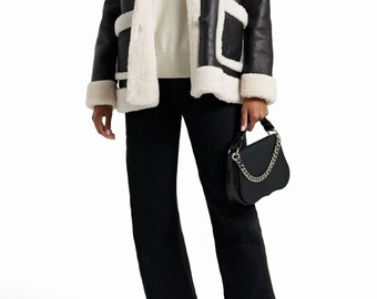 Women's Genuine Sheepskin Flying Winter Coat Shearling Bomber Aviator Leather Jacket with Fur Lining Handmade Warm Outerwear Gift for Her