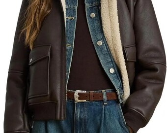 Women’s Handmade A-2 Leather Bomber Shearling Jacket – Vintage Aviator Style in Full-Grain Top-Grain & Genuine Leather Fur Lined