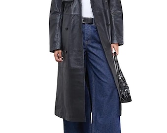 Handgemaakte dames leren trenchcoat echte leren jas over de volledige lengte Gothic streetwear jas