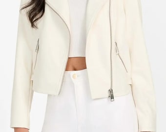 Leren damesjack, asymmetrische bikerjas, chique minimalistische stijl met ritssluiting, moderne lente-herfstoutfit, elegante mode