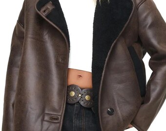 Women’s Shearling Leather Coat – Vintage Brown Leather Bomber Aviator Jacket with Fur Lining