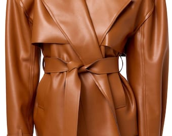 Luxe leren damestrenchcoat handgemaakte lange bruine jas Nieuwste ontwerp