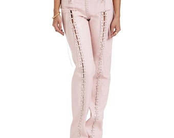 Blush Pink Lace Detail Real Leather Pants Women Low Waist Slim Fit Trousers Side Tie Fashion Soft Aesthetic Streetwear Outfit