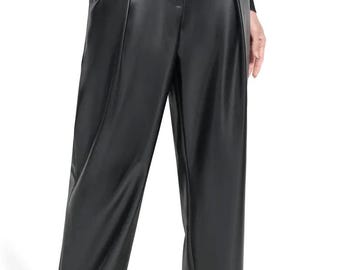 Emerald Black Genuine Leather Baggy Pants, High Waist Wide Leg Trousers, Luxury Streetwear, Statement Fashion Piece