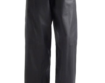 Damen Schwarz Echtleder Baggy Hose gerades Bein modernes schickes Design stilvolle Freizeitkleidung