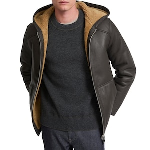 Men&#39;s Leather Shearling Hooded Jacket Winter Aviator Bomber Coat Real Sheepskin Vintage Style Handmade Winter Coat Gift For Him