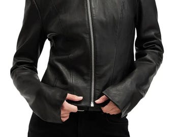 Women Black Leather Jacket Cropped, Slim Fit Zip Up Jacket, Minimalist Biker Jacket, Genuine Leather Coat, Fall Winter Fashion Outfit