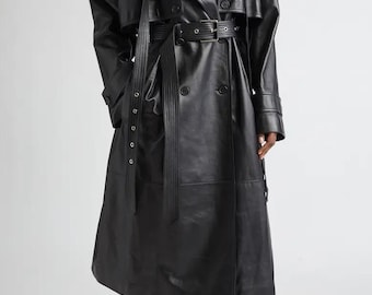 Zwarte leren damesjas Echt leren trenchcoat Luxe mode lang jack voor de winter