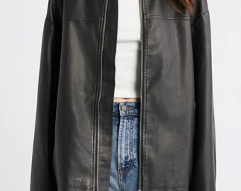 Women Fashion Genuine Leather Jacket Loose Fit Style Outerwear Streetwear Coat Trendy Look