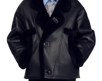 Women's Oversize Shearling Leather Jacket, Warm Winter Coat, Classic Aviator Bomber Style, Handmade Fashion Coat