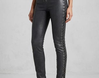 Genuine Leather Pants Black Women Lace Front Slim Leg Trousers Side Eyelet Detail Modern Fit Casual Chic Bottoms