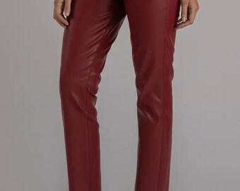 Rote Echtlederhose Frauen, Slim Fit Vegan Lederhose mit hoher Taille, schickes Street Style Outfit mit geradem Bein
