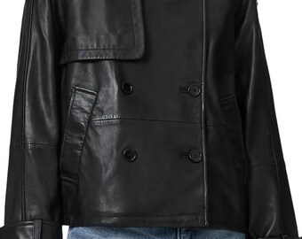 Dames zwart leren trenchcoat elegante double-breasted jas klassieke streetwear outfit