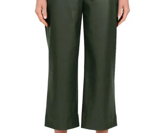 Green Leather Baggy Pants, High Waisted Wide Leg Trousers, Vintage Style Loose Fit Pants, Streetwear Fashion, Statement Bottoms