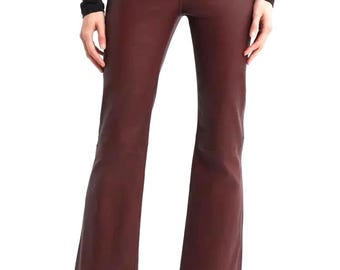 Pantalones de piel auténtica color burdeos para mujer / Pantalones de moda de talle alto / Estilo urbano