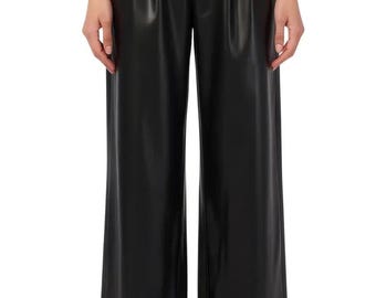 Black Genuine Leather Wide Leg Pants, Baggy High Waist Trousers, Minimalist Chic Outfit, Modern Street Style, Women’s Fashion