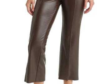 Frauen Braun Vegan Lederhose, hoch taillierte, gerade geschnittene Hose, Minimalist Chic Stil