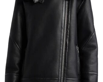 Women Black Sheepskin Leather Shearling Bomber Jacket Warm Winter Jacket Fur lined Coat Vintage Aviator Style Luxury Soft Leather RAF Jacket