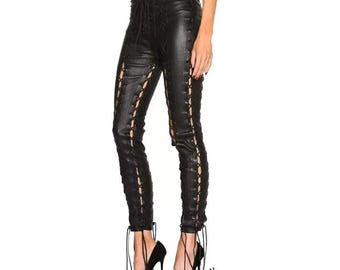 Black Lace Up Corset Real Leather Pants Women High Waist Bodycon Trousers Cutout Leg Design Edgy Nightclub Fashion Statement Wear