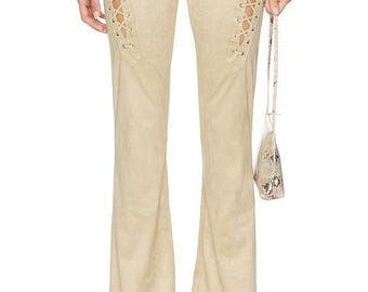 Beige Genuine Suede Leather Lace Up Pants Women Low Rise Flared Trousers Boho Chic Side Tie Detail Retro Style Festival Outfit