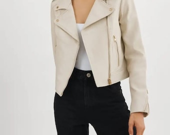 Vintage Style Women Leather Jacket Retro Biker Coat Soft Cowskin Jacket Beige Color