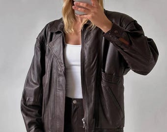 Women's Dark Brown Genuine Leather Zip-Up Jacket – Classic Fit Streetwear