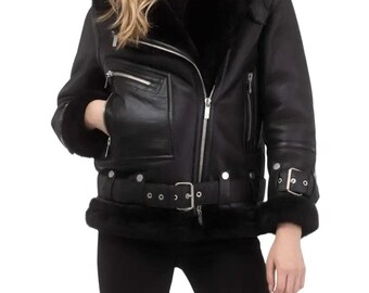 Women's Shearling Bomber Aviator Leather Jacket Genuine Lambskin Flying Winter Coat with Fur Lining Handmade Warm Outerwear Gift for Her