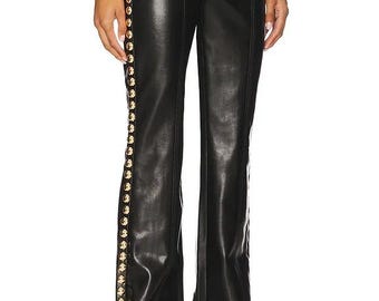 Black Genuine Leather Studded Pants Women High Rise Straight Leg Trousers Chic Street Style Rivet Detail Fashion Bottons