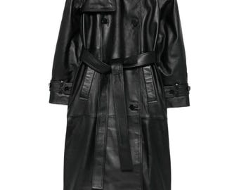 Elegante dames leren lange trenchcoat echt zwart leren jack met premium afwerking