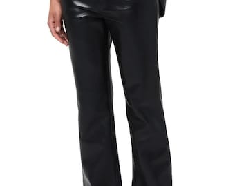 Pantalones de cuero negro para mujer, de talle medio y corte ajustado, de cuero genuino.