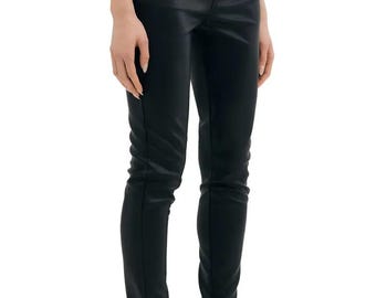 Pantalones de cuero para mujer, cintura alta, ajustados, negros, de cuero genuino, estilo urbano moderno.