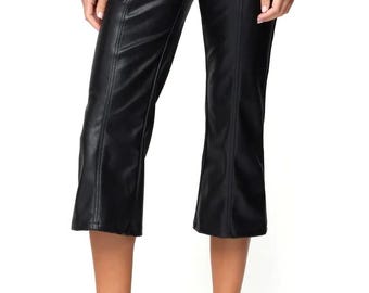 Black Genuine Leather Cropped Pants, Lace Up Front Capri Trousers, High Waist Slim Fit Pants, Trendy Streetwear