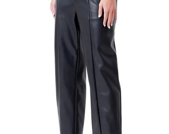 Black Genuine Leather Tailored Pants, High Waist Straight Leg Trousers, Elegant Minimal Style, Luxury Fashion Bottoms