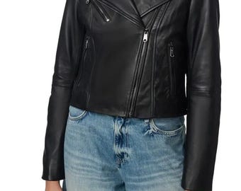 Women Cropped Biker Leather Jacket, Asymmetrical Zip Moto Style, Slim Fit Black Coat, Minimalist Streetwear Outfit, Trendy Fall Fashion