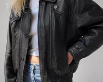 Black Genuine Leather Oversize Jacket – Vintage Style Streetwear Coat Front Button Closure