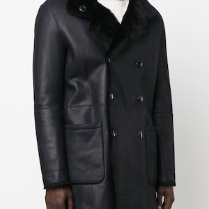 Men Vintage Sheepskin Shearling Leather Jacket Button Down Fur Lined Long Trench Coat Distressed Aviator Flying Bomber Handmade Gift For Him