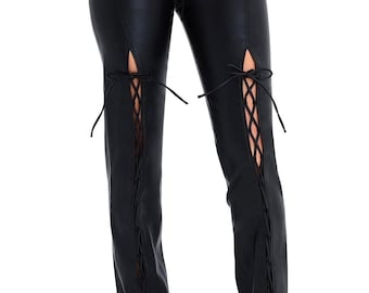 Genuine Black Leather Cut Out Pants Women High Waist Slim Fit Trousers Lace Tie Detail Trendy Night Out Fashion Bottoms