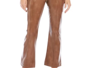 Brown Genuine Leather Pants Women, High Waist Straight Leg Trousers, Vegan Leather Bootcut Pants, Chic Fall Winter Outfit