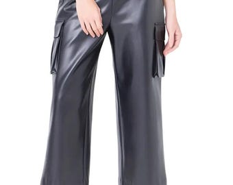Genuine Leather Cargo Culottes Women, Black Wide Leg Cropped Pants, High Waist Trendy Fashion Trousers