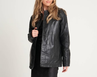 Women’s Black Leather Jacket Classic Button Front Coat Real Leather Blazer Style Fall Winter Outerwear