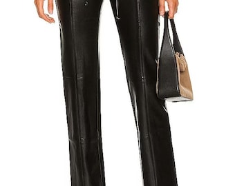 Women's Black Genuine Leather Trousers Front Lace Detail Mid Rise Straight Leg Pants Minimal Chic Urban Outfit Evening Wear