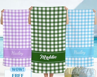 Personalized Gingham Beach Towel,Custom Name Microfiber Pool Towel,Kids Summer Swim Towel,Family Vacation Beach Gift,Preppy Plaid Bath Towel