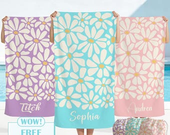 Personalized Daisy Beach Towel,Custom Name Boho Floral Pool Towel,Cute Summer Swim Towels,Birthday Gift for Girls,Kids Beach Vacation Gifts