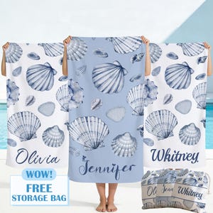 May include: Three rectangular beach towels featuring a blue and white watercolor seashell pattern. The left towel displays the name Olivia, the center towel displays the name Jennifer, and the right towel displays the name Whitney in script font.