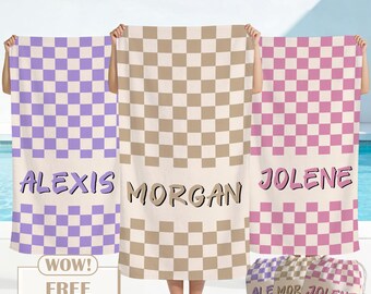 Personalized Checkered Beach Towel,Custom Name Kid Retro Towel,Colorful Checkerboard Swim Towel,Bachelorette Party Gift,Summer Vacation Gift